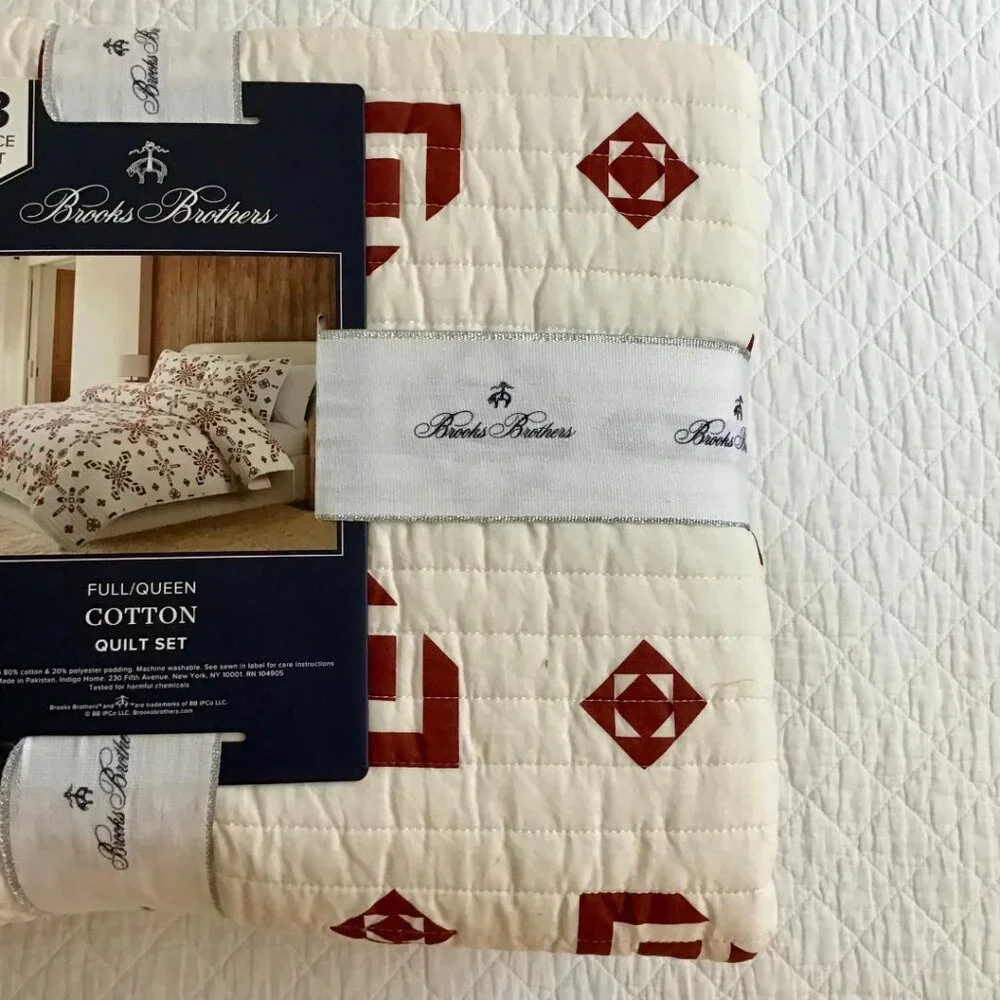 Brooks Brothers Quilt Set Full/Queen Cotton Red & White LARGE RED SNOWFLAKES